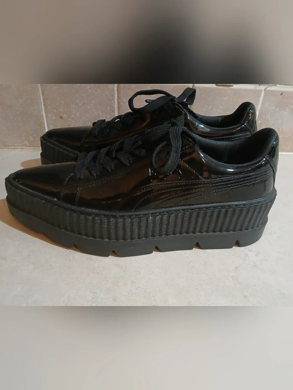 Puma Fenty x Pointy Creeper in the patent black colorway 7.5